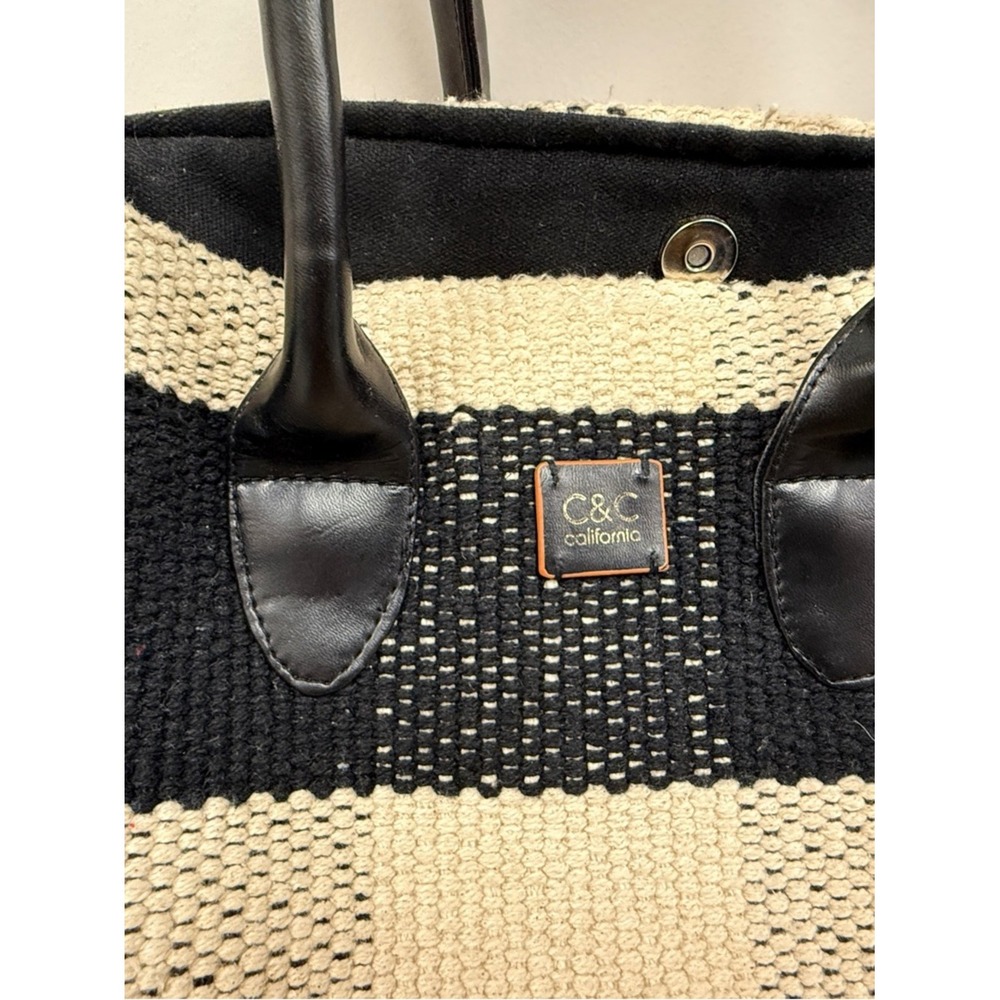 C&C California Black and Cream Striped Woven Tote with Adjustable Shoulder Strap - Picture 3 of 11